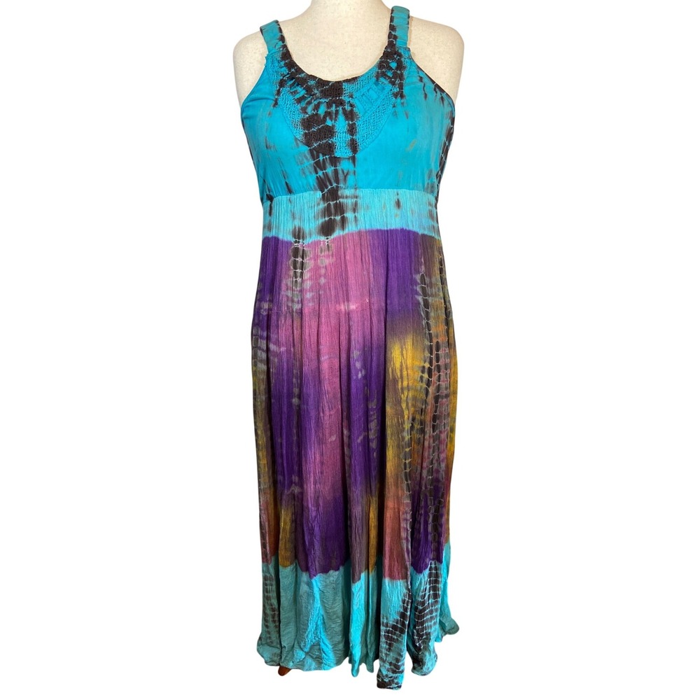 Lola P Tie Dye Maxi Dress Blue Purple Crochet Trim Boho M